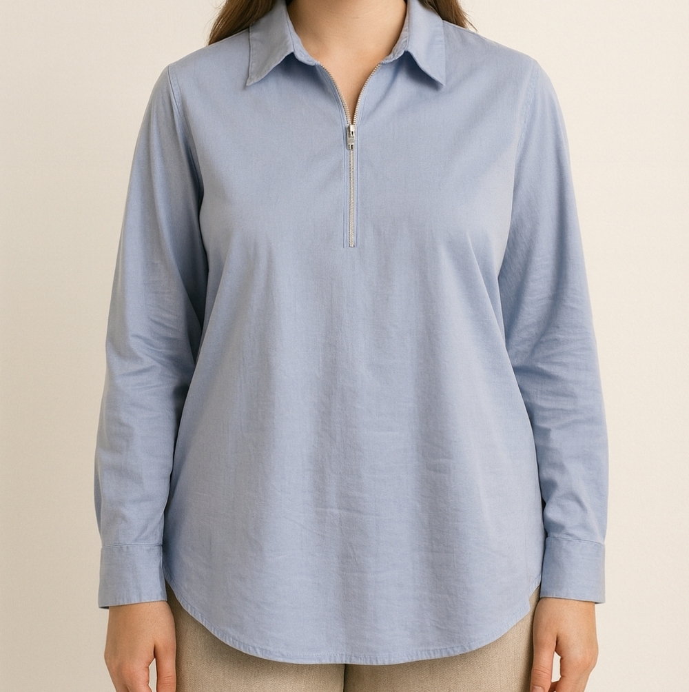 Blue Quarter Zip Pullover Top XL L/S Preppy Lightweight Light Academia Soft Norm